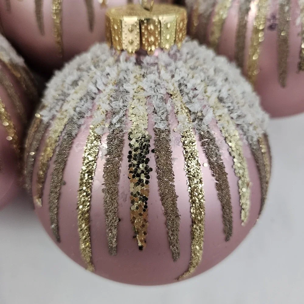 Large Opulent Pink Gold Round Mercury Glass Christmas Ornaments Set of 12